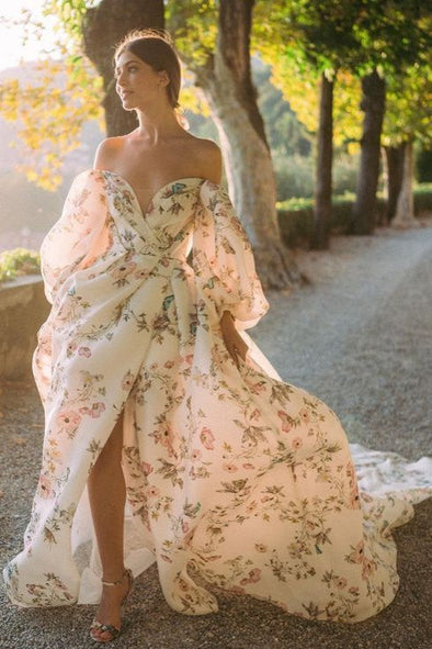 Floral Pattern Long Wedding Dress Off The Shoulder With Sleeves