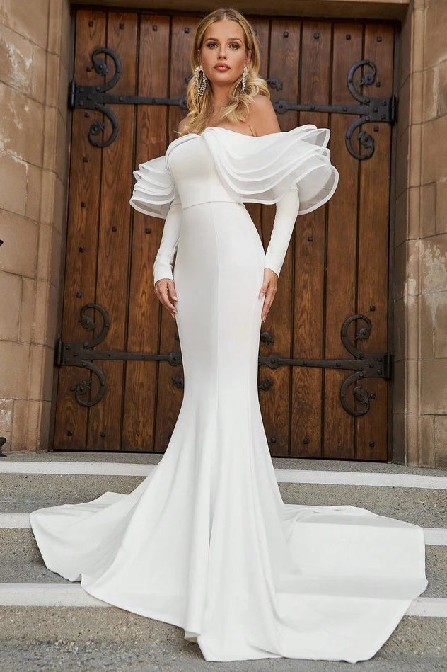 tiered mermaid wedding dress Shop Our New Long Sleeve Mermaid Wedding Dresses with Corset Back