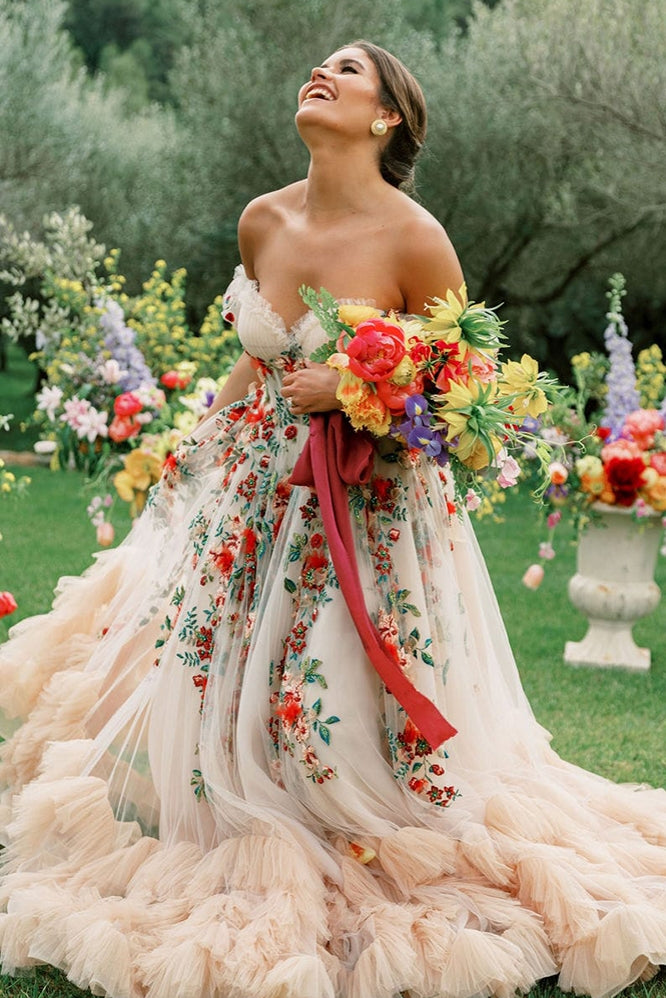 Off The Shoulder Colorful Embrioiderey Puffy Mesh Wedding Dress – TANYA BRIDAL