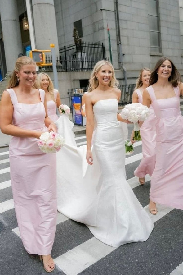 Straps Sheath Square Neck Sleeveless Long Bridesmaid Dress