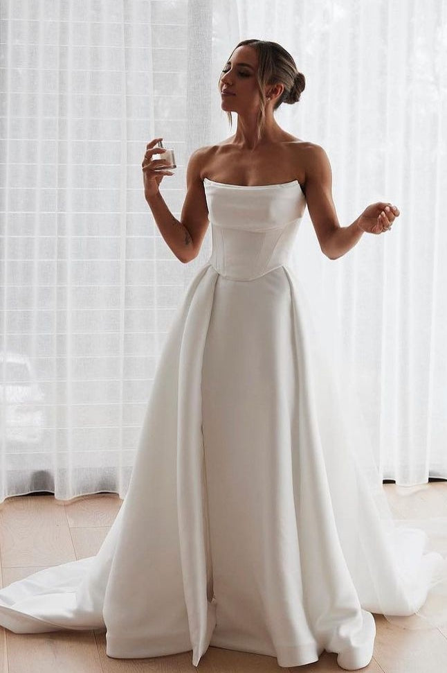 Pleat Satin A LIine Princess Wedding Dresses Side Slit Split TANYA BRIDAL Pleat Satin A LIine Princess Wedding Dresses Side Slit Split TANYA BRIDAL