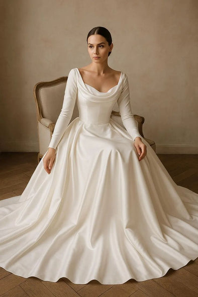 #DZ9372 Long Sleeves Satin A Line Wedding Dress Backless