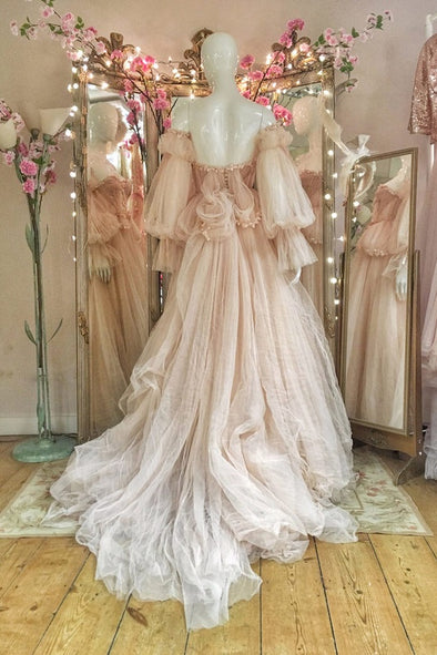 Old Pink Vintage Wedding Dresses Puff Long Sleeve – TANYA BRIDAL