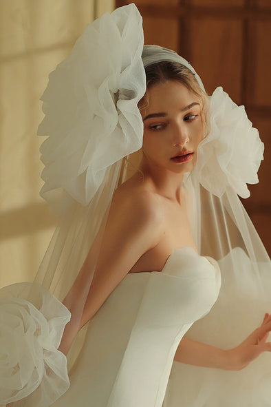 V398 long handmade rose flower bridal veil