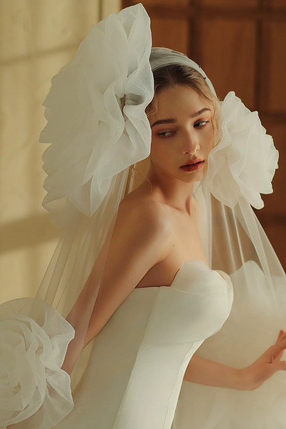 V398 long handmade rose flower bridal veil