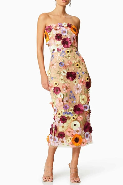 Strapless Floral Lace Straight Cocktail Dress