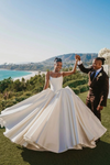 Luxury Ball Gown Long Satin Wedding Dress Lace Up Back