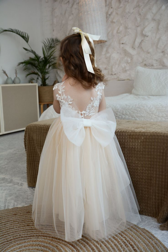 Pretty Girl Dress With Bow Back Detachable Train