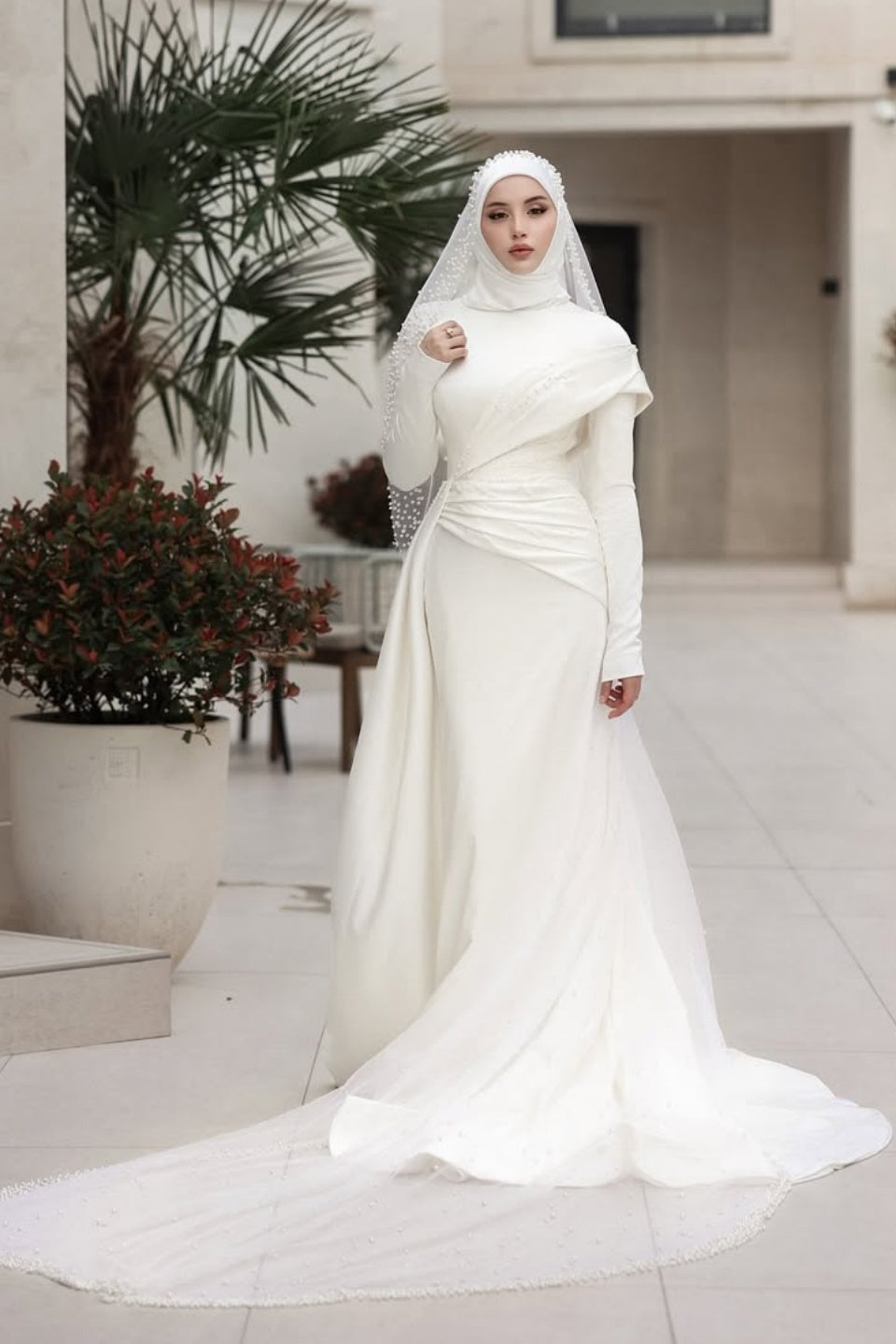Elegant Long Hijab Wedding Dress With Beads - Main Image