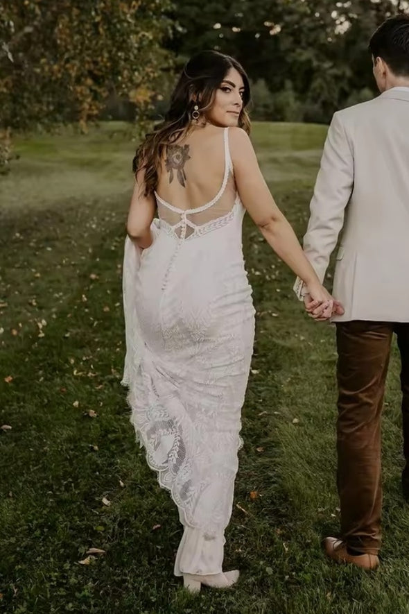 #DZ9338 V Neck Soft Lace Backless Boho Wedding Dress