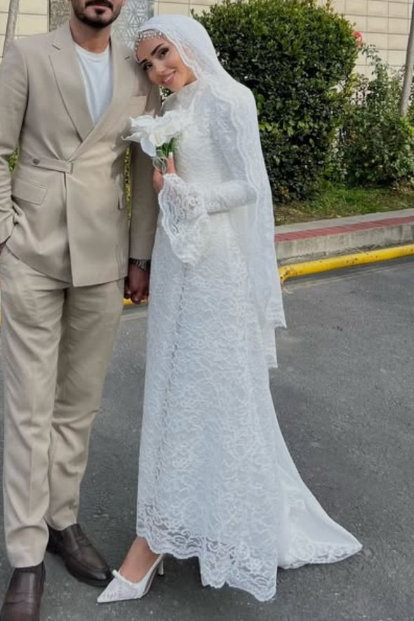 #DZ9440 Mermaid Long Lace Muslim Wedding Dress Elegant