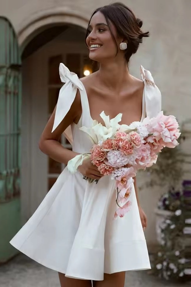 short wedding dresses pink DZ9609 White Satin Short Wedding Dresses Square Neck – TANYA BRIDAL