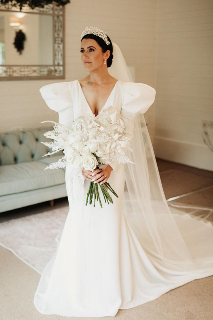 mermaid wedding dresses with long train Mermaid Long Wedding Dress Full Sleeves V Neck Court Train – TANYA BRIDAL