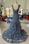 #LY9201 High Split Lace Cap Sleeves Long Evening Prom Dress