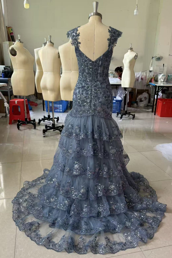 #LY9201 High Split Lace Cap Sleeves Long Evening Prom Dress