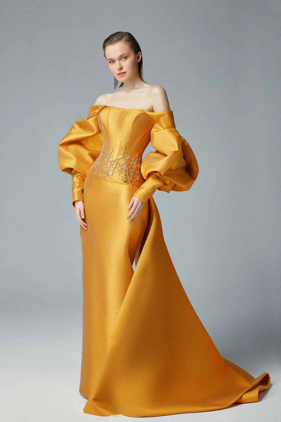 Gold Long Formal Evening Dress Puffy Off Shoulder Sleeves TANYA BRIDAL Gold Long Formal Evening Dress Puffy Off Shoulder Sleeves TANYA BRIDAL