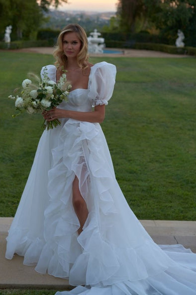 #DZ9357 A Line Short Sleeves Organza Side Split Wedding Dress