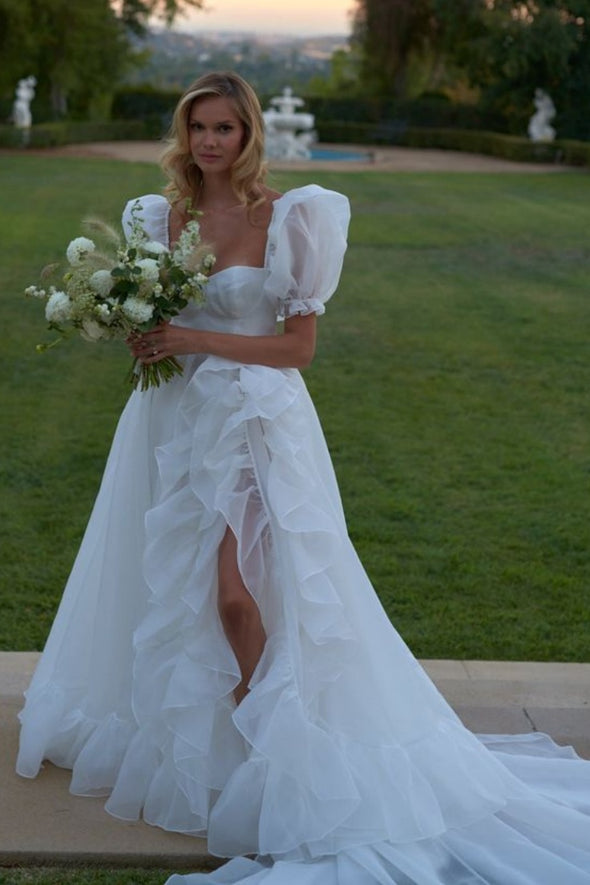#DZ9357 A Line Short Sleeves Organza Side Split Wedding Dress