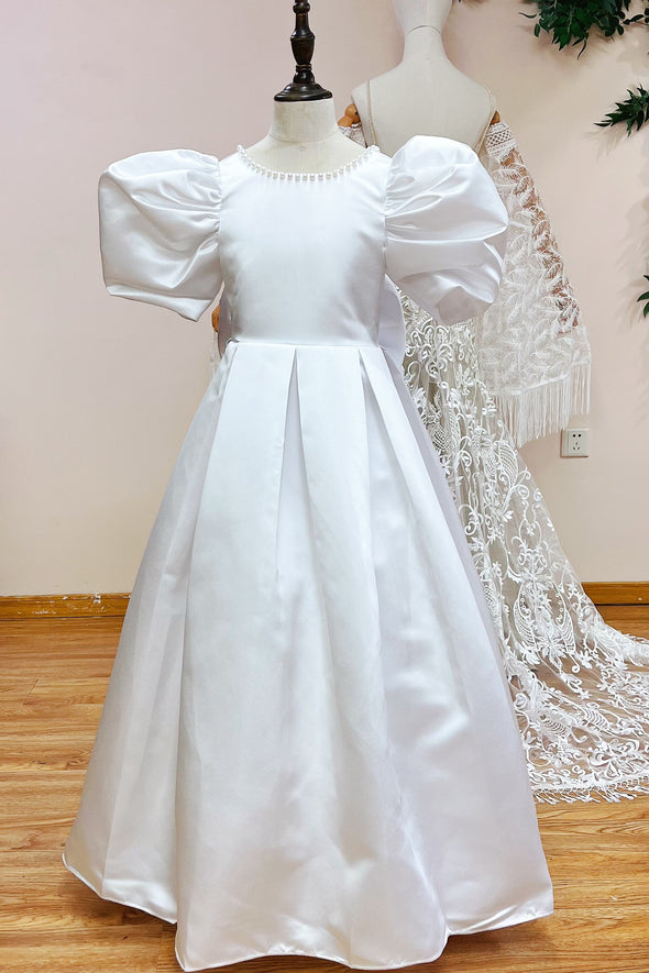 White Satin Flower Girl Dress With Pearls Neck