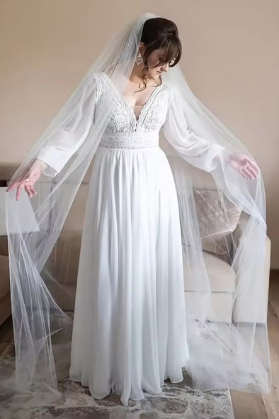 #DZ9324 Long Bishop Sleeves V Neck Floral Lace Bridal Gowns