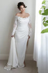 #DZ9339 Drape Long Sleeves Lace Sheath Wedding Dress High Slit