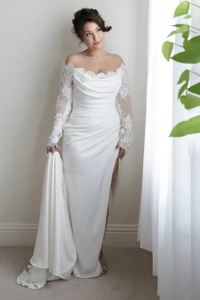 #DZ9339 Drape Long Sleeves Lace Sheath Wedding Dress High Slit
