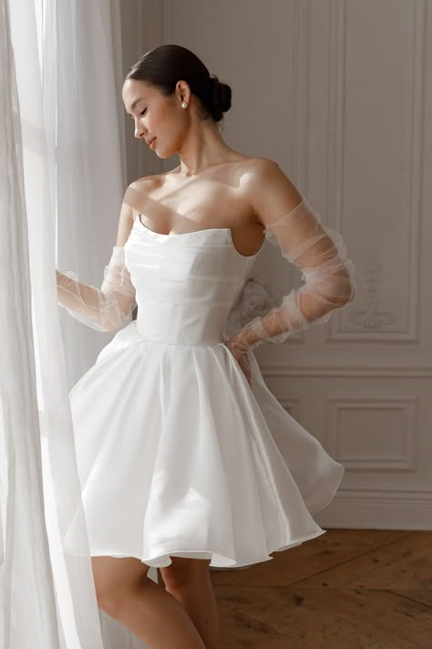 mini dress with detached sleeves Simple Strapless Short Mini Wedding Gown with Detachable Sleeves and Overskirt