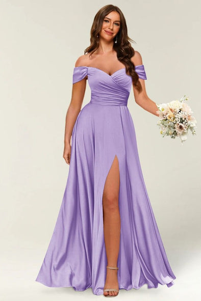Off The ShoulderA Line Long Bridesmaid Dress Side Slit