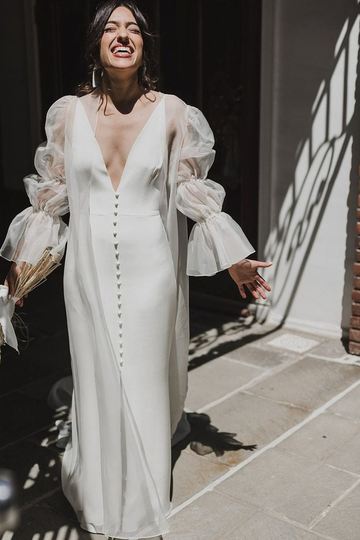 organza cover up dress Wedding Wrap Ivory Long Sleeves V-Neck Puff Sleeves Shawls Organza Bridal Cover Up