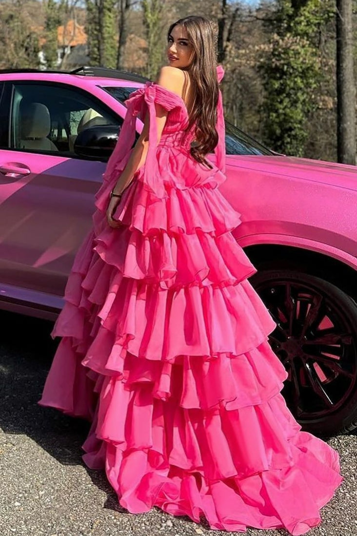 Hot Pink Deep V Tiered Long Prom Dress With Split TANYA BRIDAL Hot Pink Deep V Tiered Long Prom Dress With Split TANYA BRIDAL