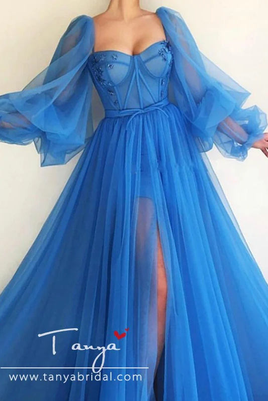 blue long puff sleeve dress JSKUMAR Women's 3/4 Sleeve Dress Puff Sleeve V Neck Empire Waist Pleated Patchwork Layered Flowy Maxi Dress Solid Elegant Dresses(L,Blue), Size: Large
