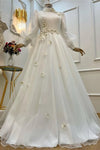 3D Flower A Line Muslim Satin Wedding Dress
