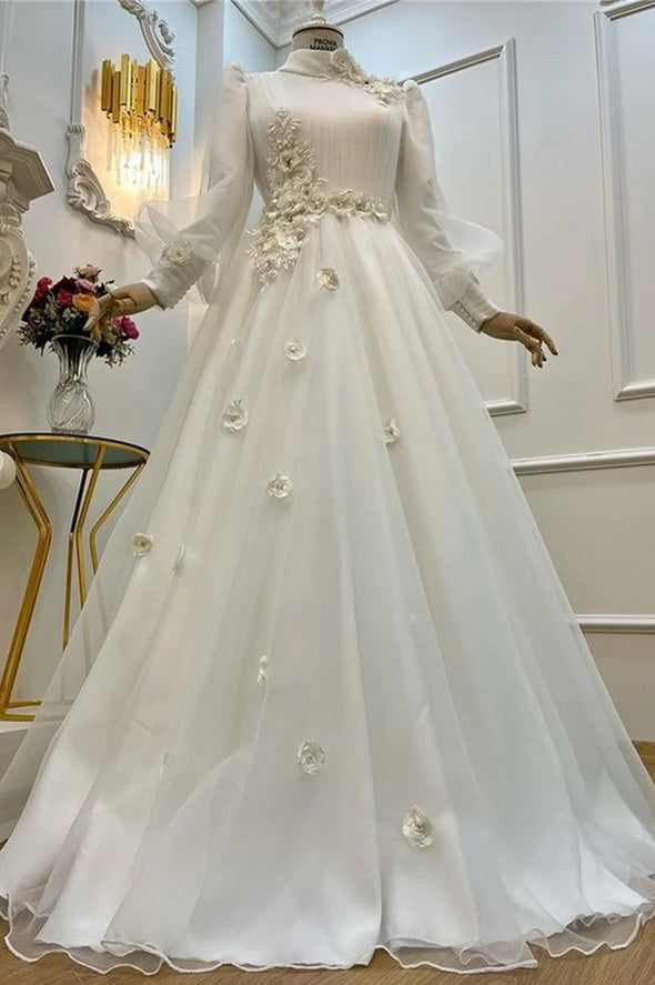 Muslim Satin Wedding Dress 3D Flower A Line