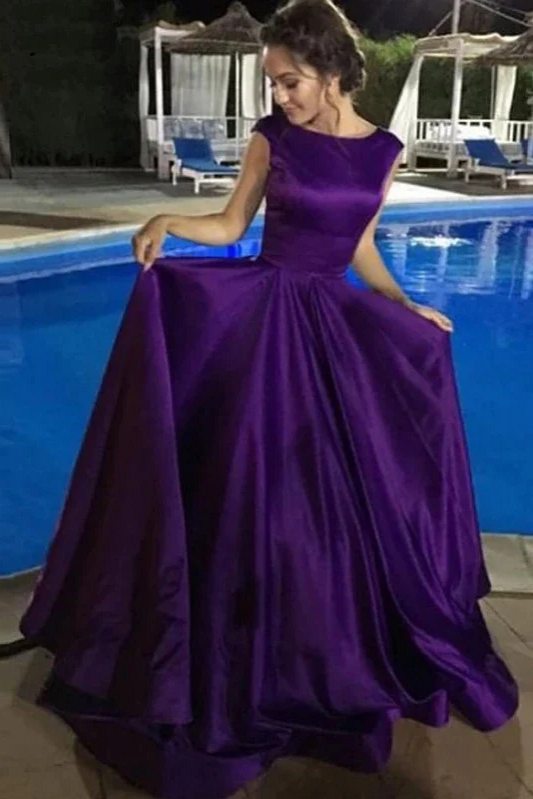 A Line Purple Backless Satin Long Prom Dresses