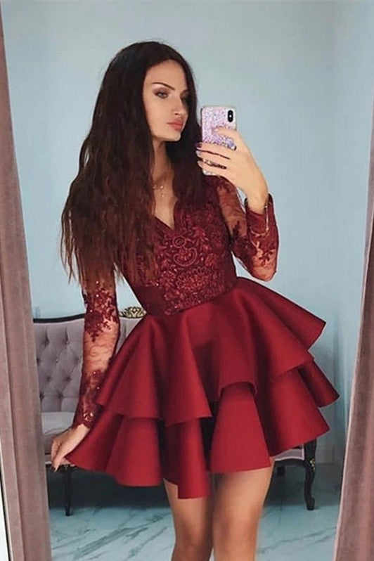 Burgundy Homecoming Dresses V Neck Lace Applique