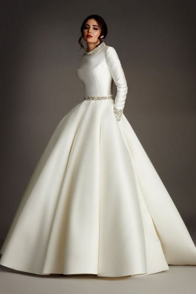 High Stand Neck Full Sleeves Ivory Satin Long Wedding Dresses Muslim