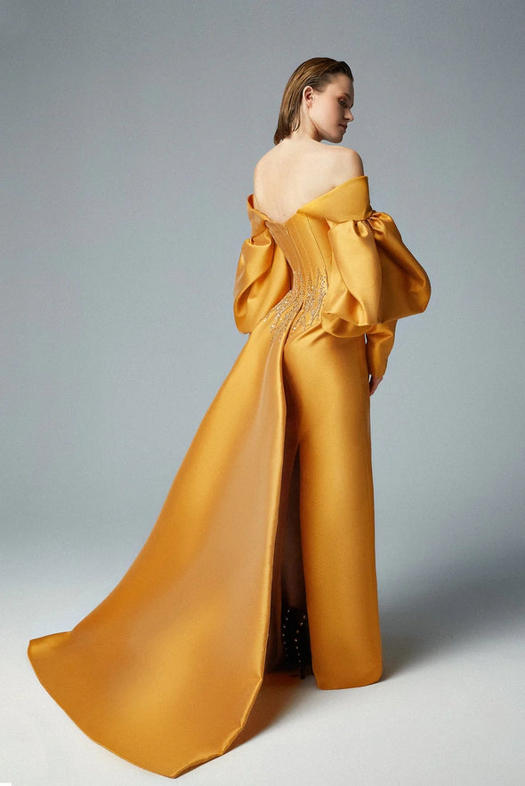 Gold Long Formal Evening Dress Puffy Off Shoulder Sleeves