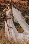 #DZ9332 Low V Neck Tassels A Line Sleeveless Sheer Bodice Lace Bridal Gown