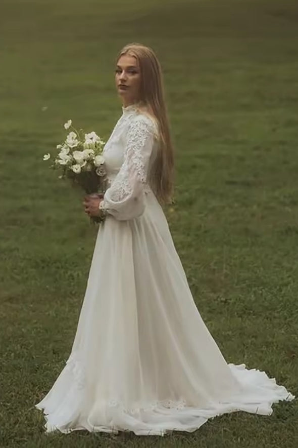 #DZ9334 Long Bishop Sleeves Appliques Lace Wedding Dresses