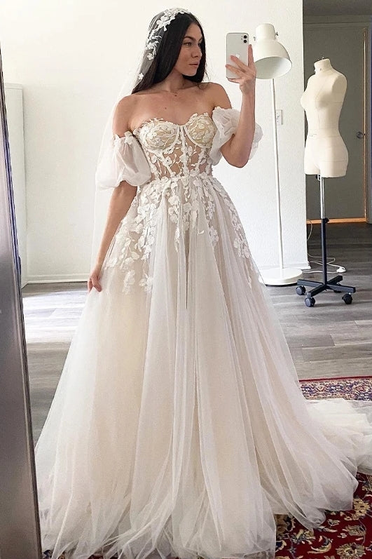 Short Puff Sleeves 3D lace Wedding Dresses Champagne Line – TANYA BRIDAL Short Puff Sleeves 3D lace Wedding Dresses Champagne Line – TANYA BRIDAL