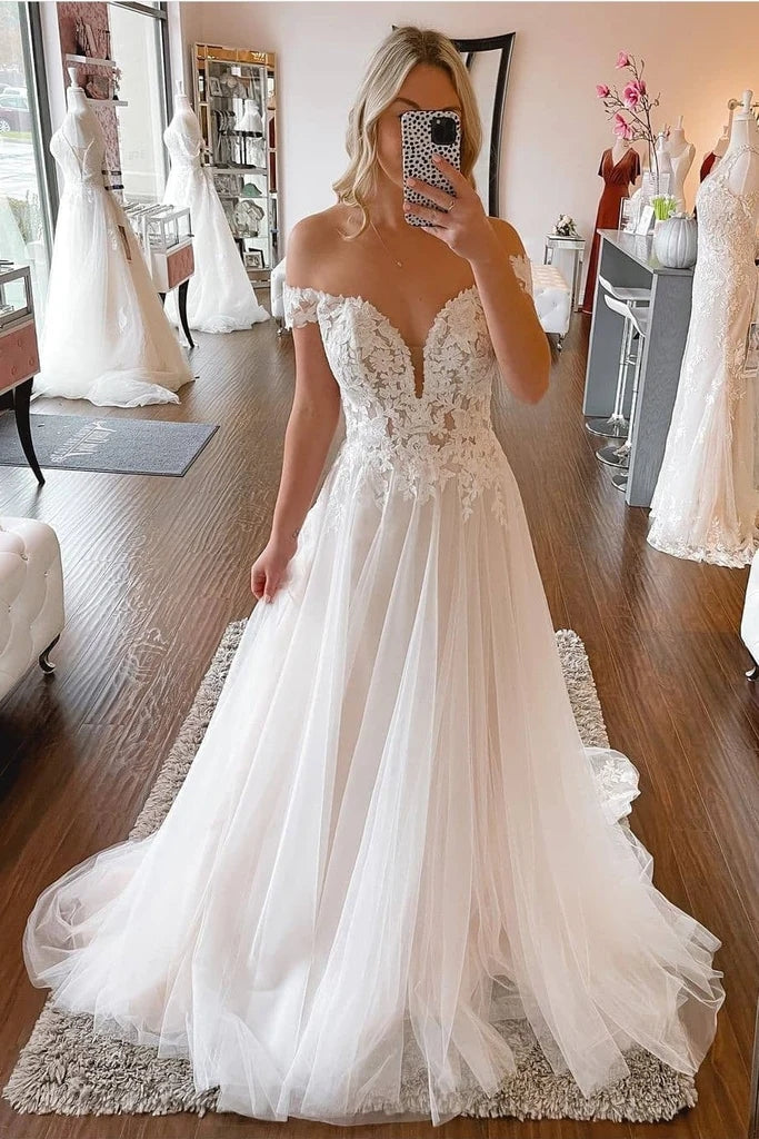 Off The Shoulder Lace Appliques A Line Wedding Dress Side Split TANYA BRIDAL Off The Shoulder Lace Appliques A Line Wedding Dress Side Split TANYA BRIDAL