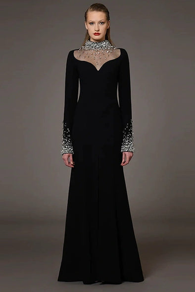 #DZ9378 Long Sleeves Black Evening Dress With Crystal