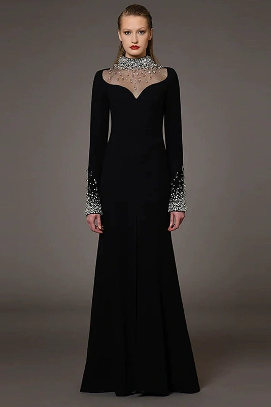 #DZ9378 Long Sleeves Black Evening Dress With Crystal