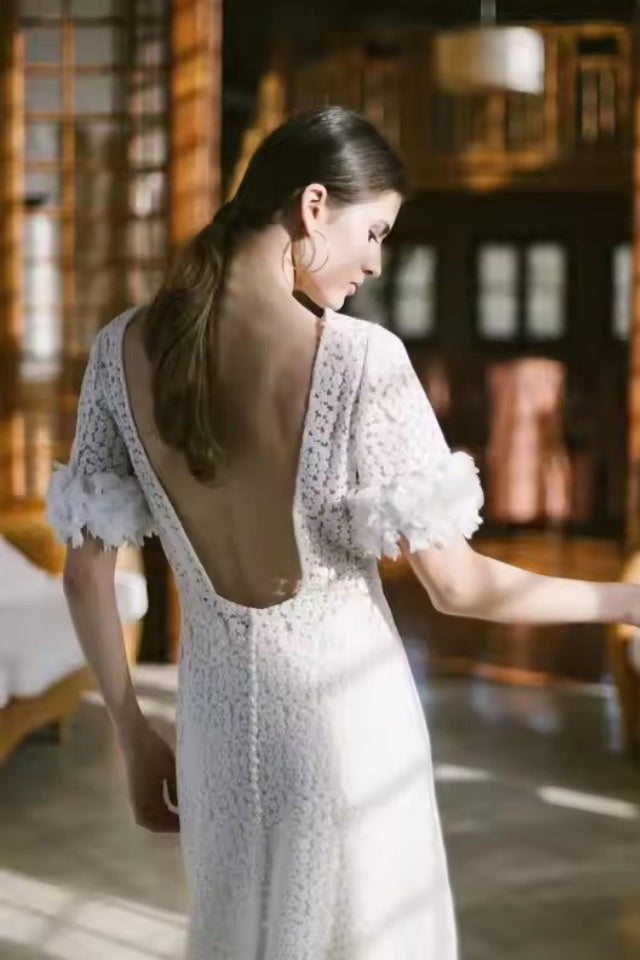 Short Sleeve Unique Lace A Line Wedding dress DW1090 TANYA BRIDAL Short Sleeve Unique Lace A Line Wedding dress DW1090 TANYA BRIDAL