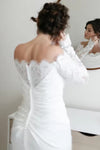 #DZ9339 Drape Long Sleeves Lace Sheath Wedding Dress High Slit