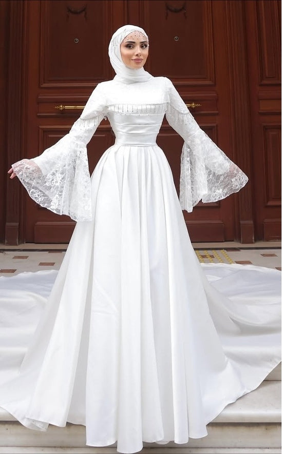 #DZ9442 Muslim Wedding Dress Long Flare Sleeves