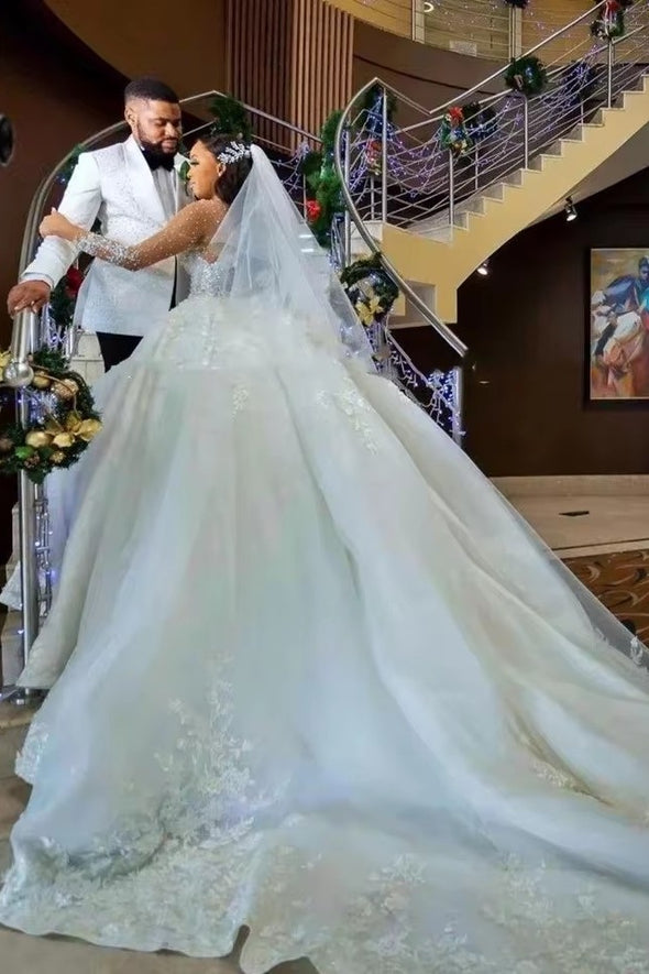 #DZ9360 Luxury White Wedding Dresses Beaded Appliques