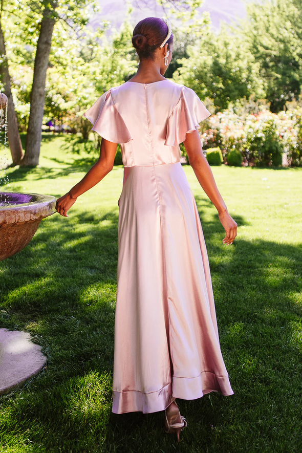 V Neck Dusty Pink High Low Bridesmaid Dress