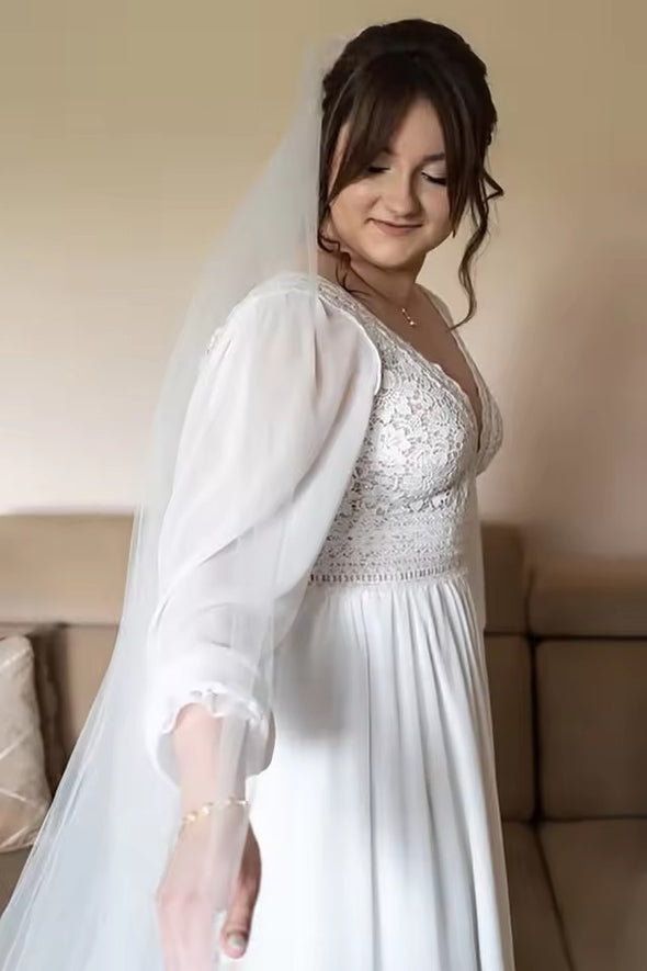 #DZ9324 Long Bishop Sleeves V Neck Floral Lace Bridal Gowns