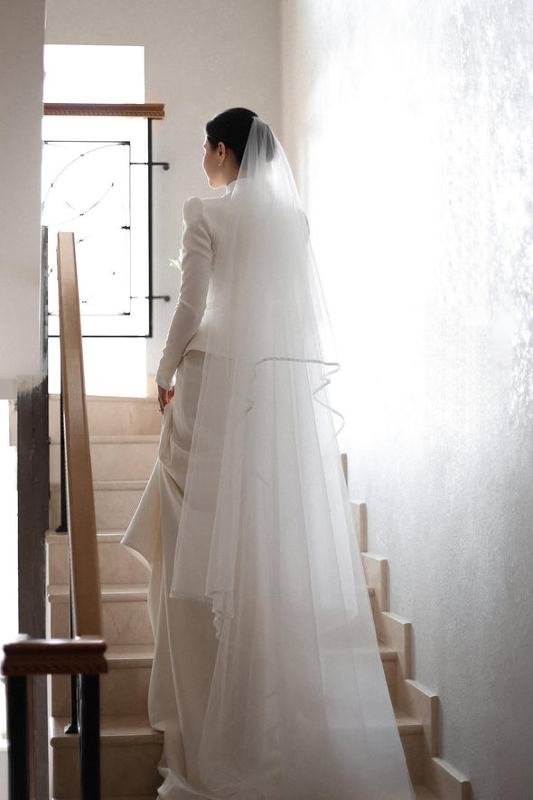Stand Neck Long Sleeves Wedding Dress Modest Bridal Gown